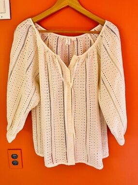 Joie Off White Oversized Eyelet Peasant Summer Blouse Top Boho - Size M